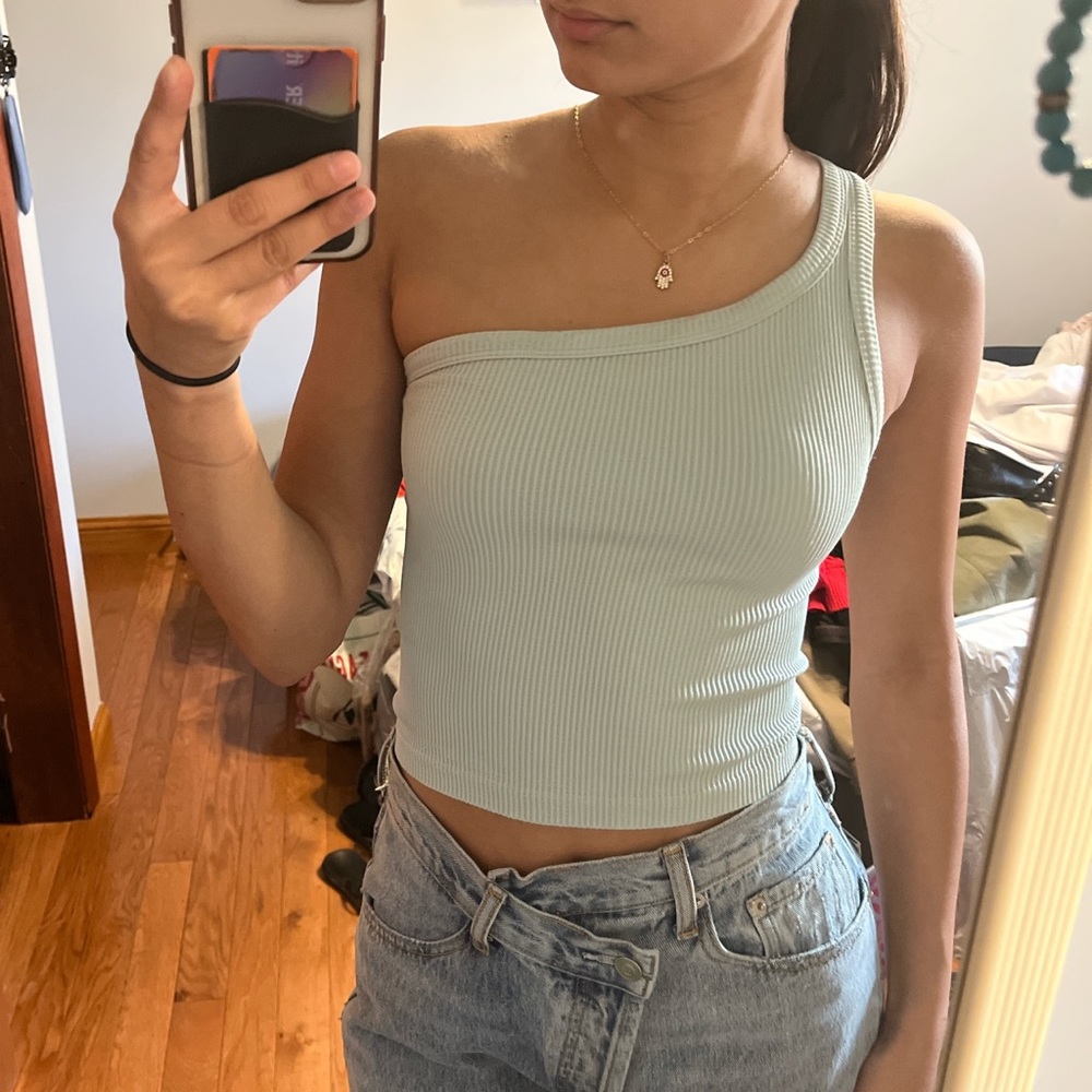 Light pastel blue one shoulder top